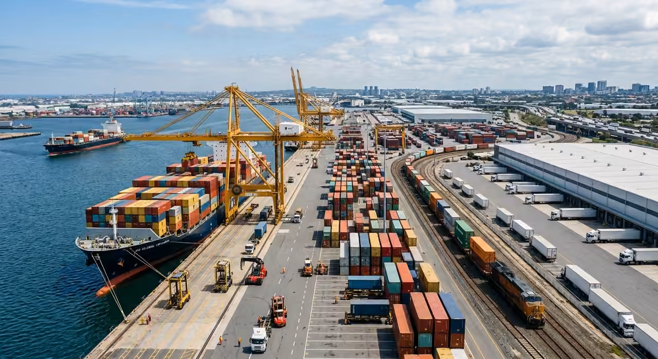 Shipping containers stacked at a marine terminal — comprehensive shipping and logistics solutions